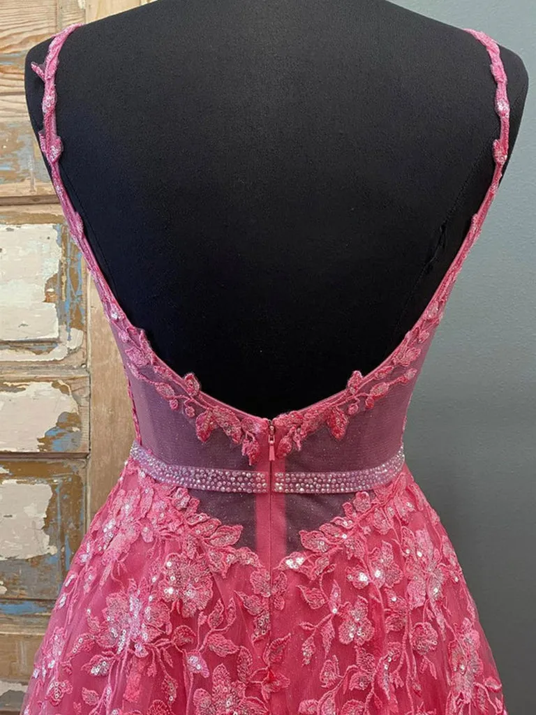 Pink V Neck Lace Applique Spaghettis Strap Long Prom Dresses DP1040