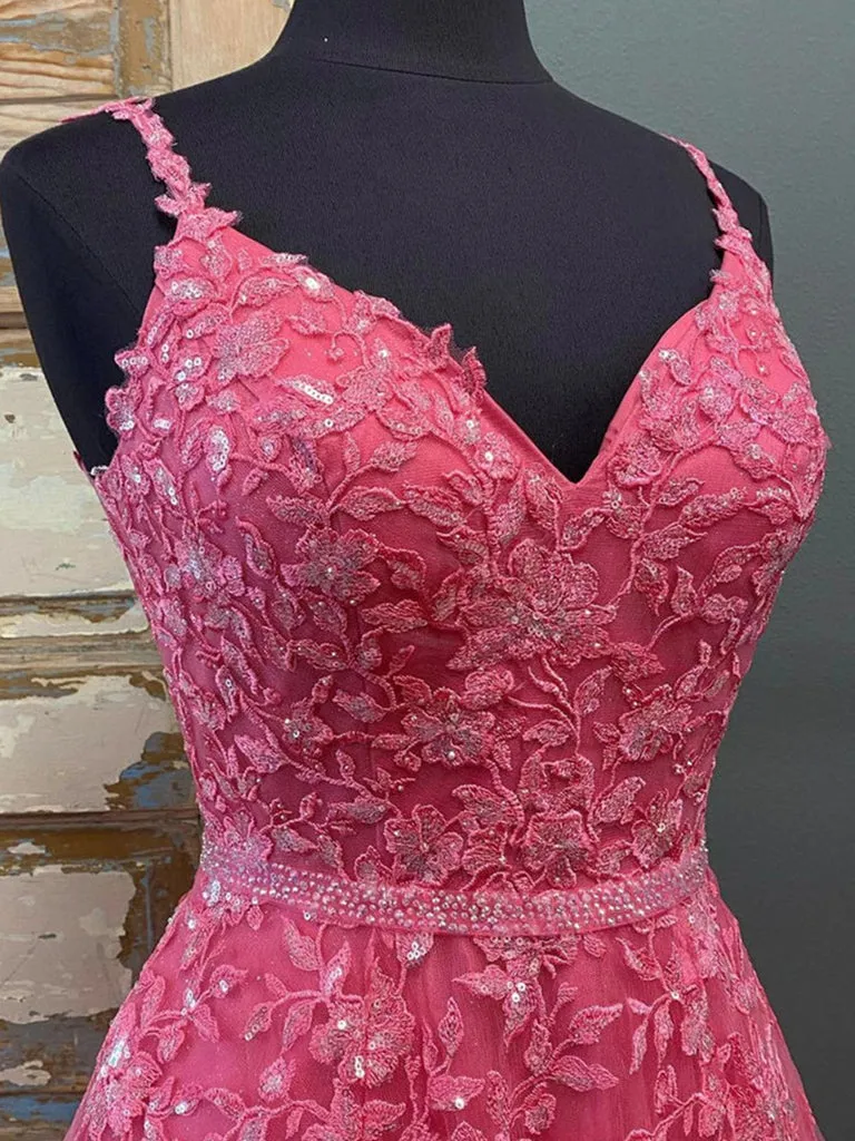 Pink V Neck Lace Applique Spaghettis Strap Long Prom Dresses DP1040