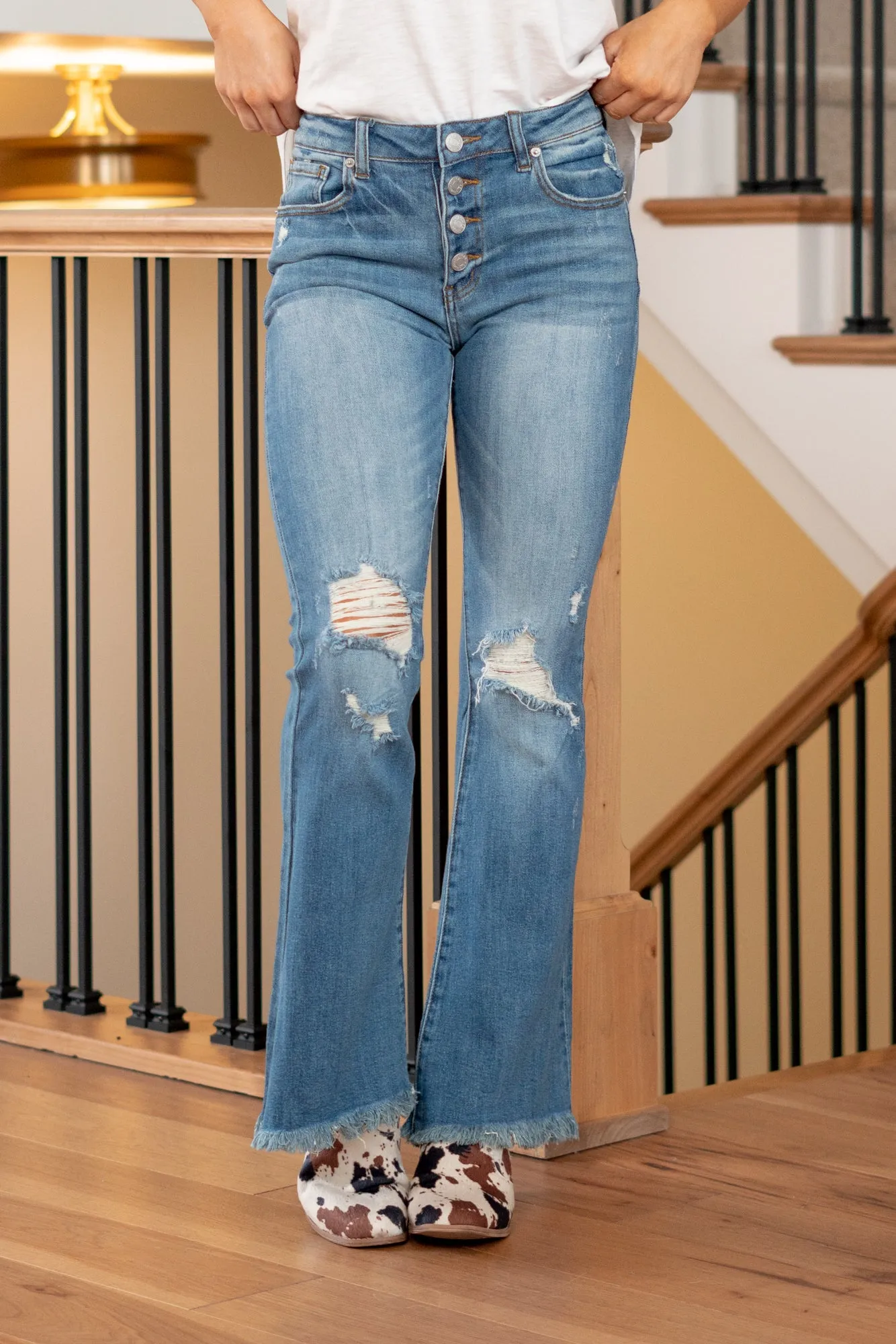 Plus Size Paisley Mid Rise Button Fly Flare