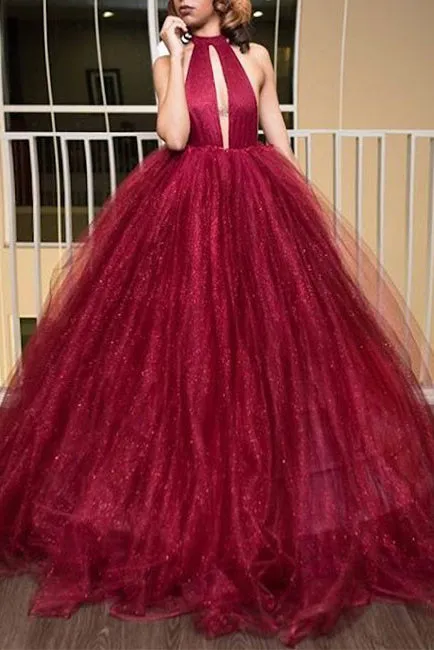 Princess Ball Gown High Neck Backless Burgundy Tulle Long Prom Dress OK604