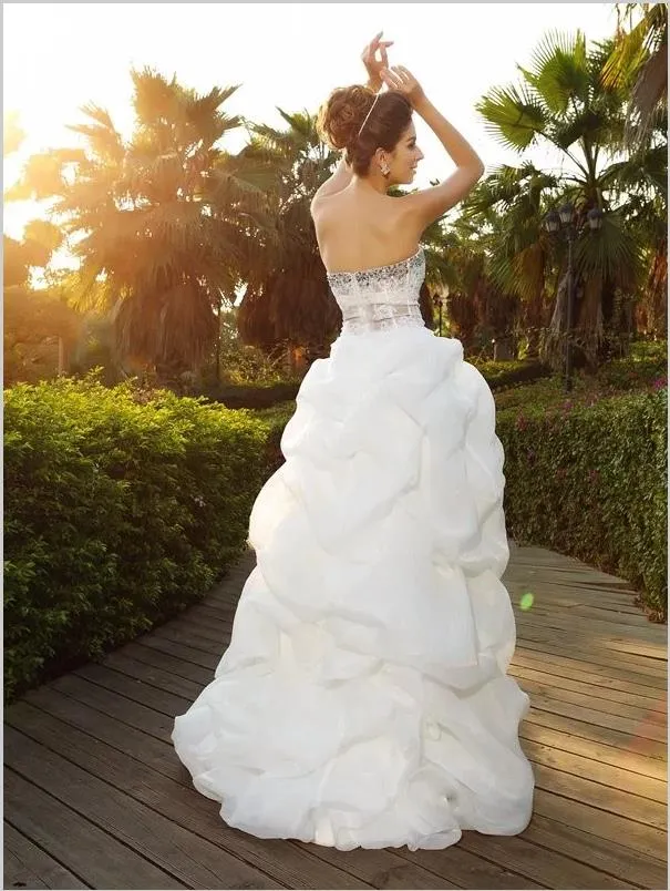 Princess Organza High Low Sweetheart Beading Strapless Wedding Dresses