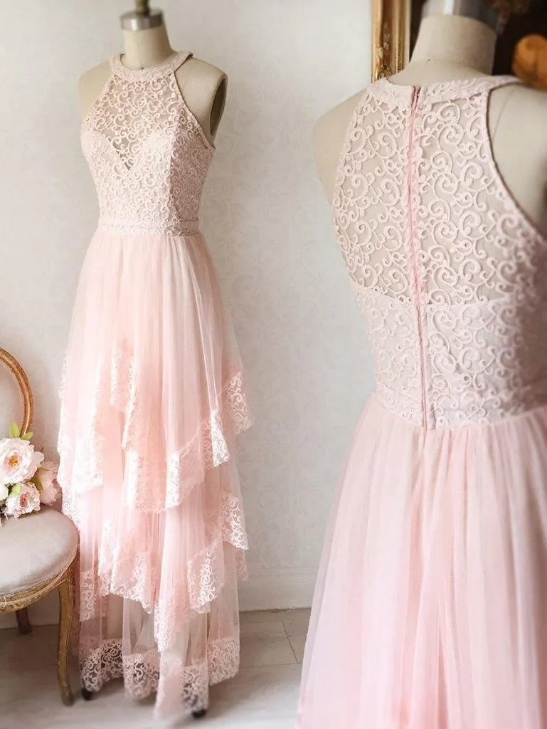 Princess Pink Lace Long Prom Dress Bridesmaid Dresses TP0866