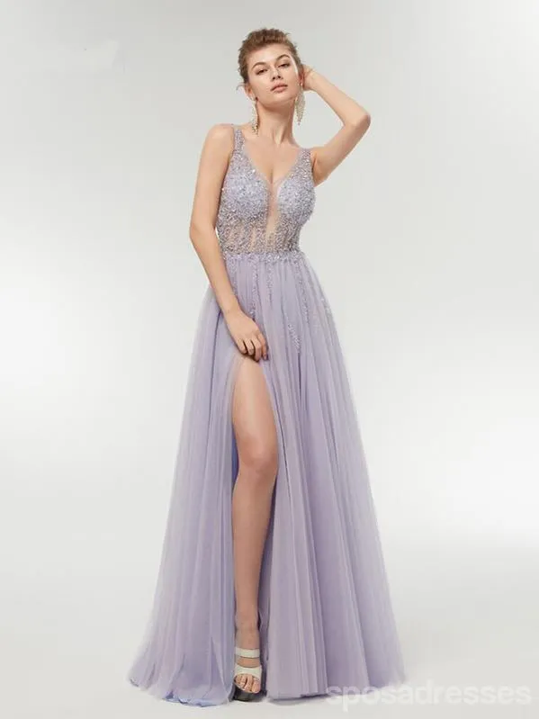 Purple A-line V-neck See Through High Slit Long Party Prom Dresses Online,12556