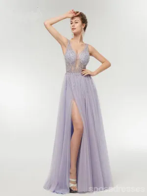 Purple A-line V-neck See Through High Slit Long Party Prom Dresses Online,12556