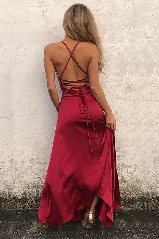 Red A-Line Spaghetti Straps Sleeveless Floor-Length Sexy Slit Prom Dress OKD94