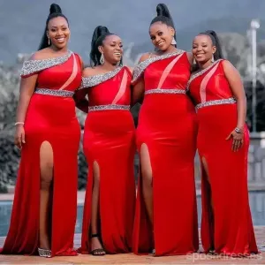 Red Mermaid One Shoulder High Slit Long Bridesmaid Dresses Online,WG1250