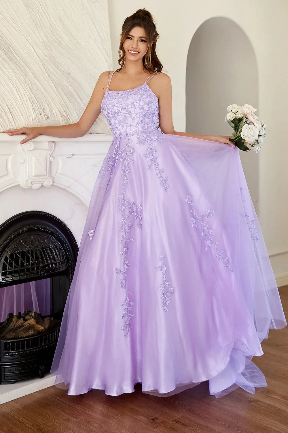 Red Spaghetti Straps A-line Tulle Long Prom Dress with Appliques OK1643