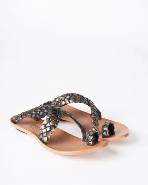revival - braided leather flat sandal - metalic green