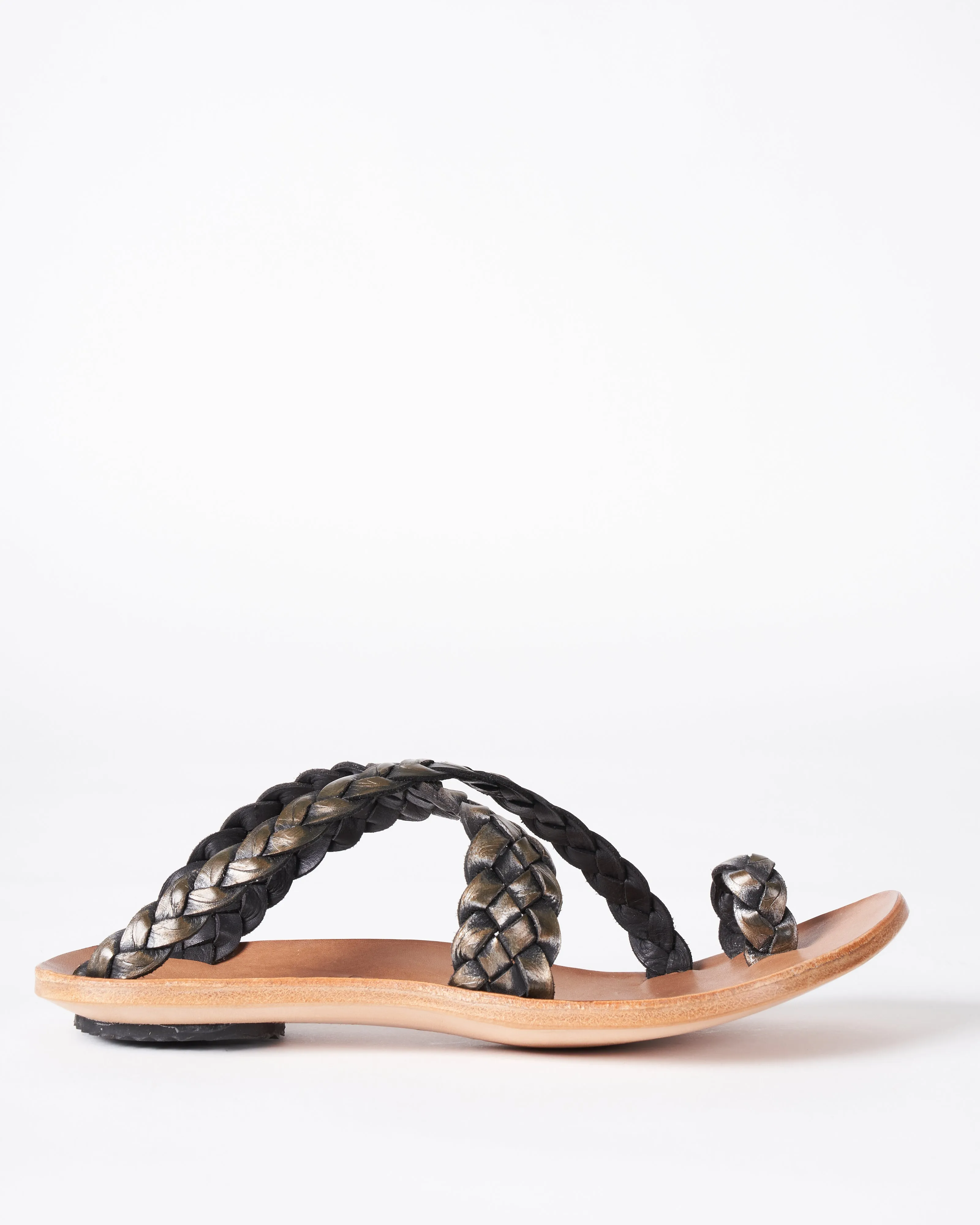 revival - braided leather flat sandal - metalic green