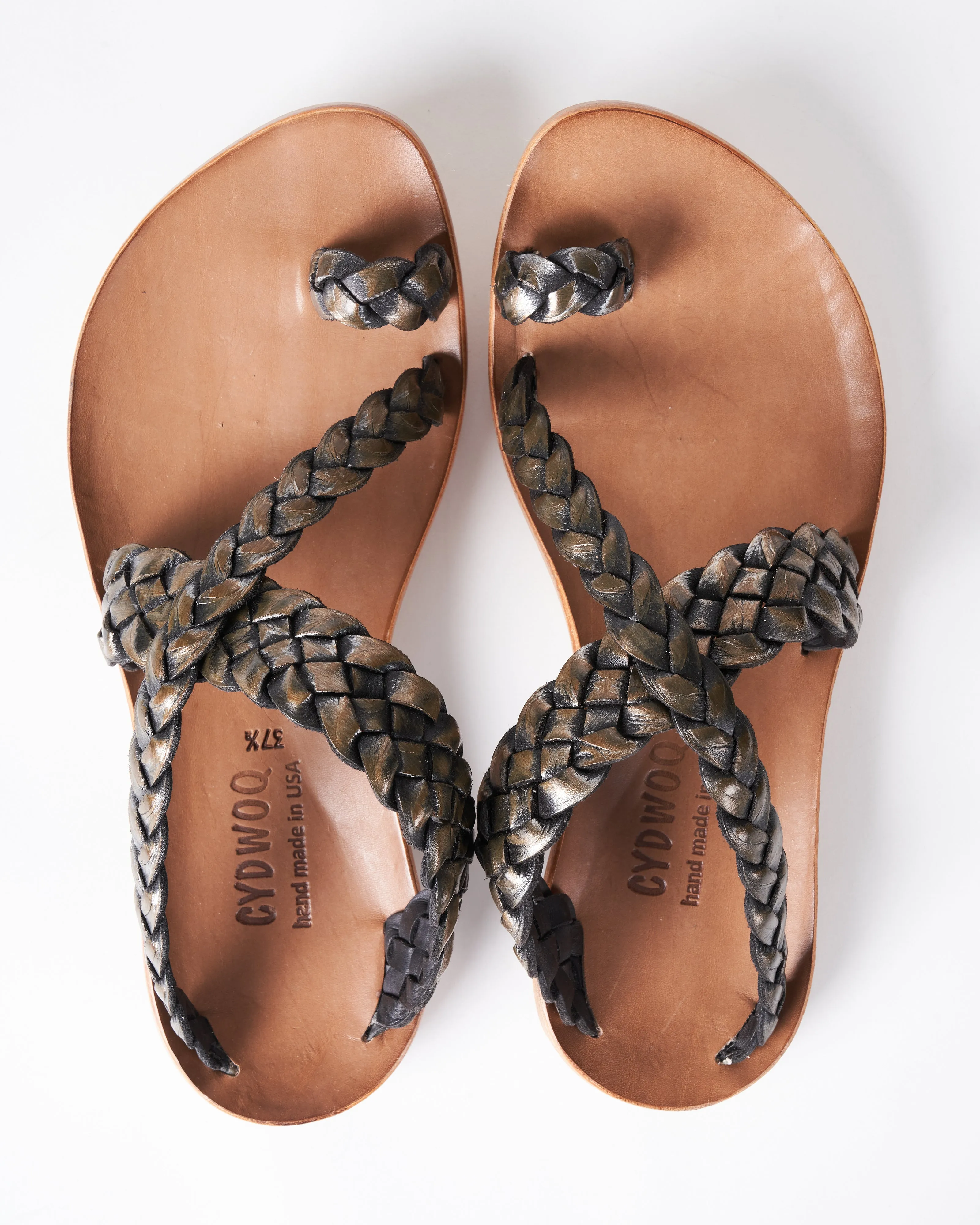 revival - braided leather flat sandal - metalic green