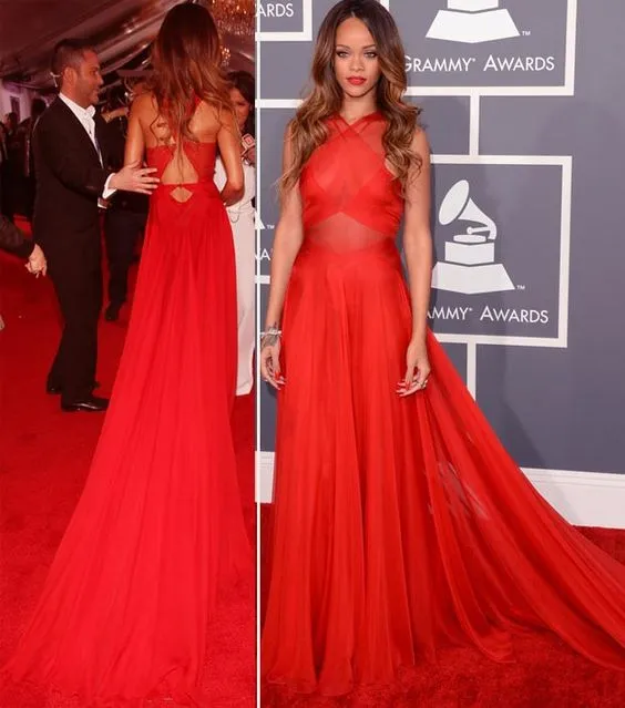 Rihanna Grammys Red Carpet Criss-cross Celebrity Evening Prom Dress,Red Chiffon Maxi Prom/Evening Dress