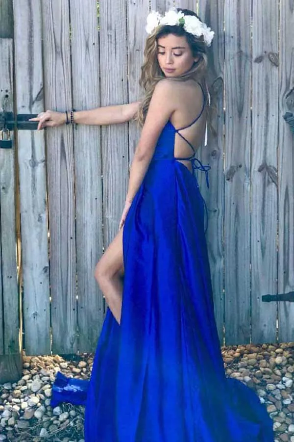 Royal Blue Criss-Cross Straps Satin Scoop Split Side Long Prom Dress, M170