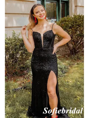 Sexy Black Sequin Lace Up Back Side Slit Mermaid Long Prom Dresses, PD0973