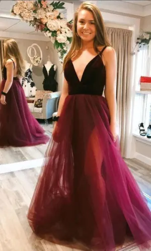 Sexy Burgundy A-line Deep V-neck Long Prom Dress NW3541