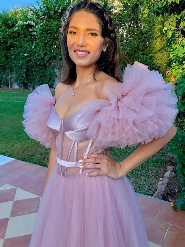 Sexy Dusty Pink Ruffle Off-shoulder Sweetheart A-line Long Prom Dress, PD3197