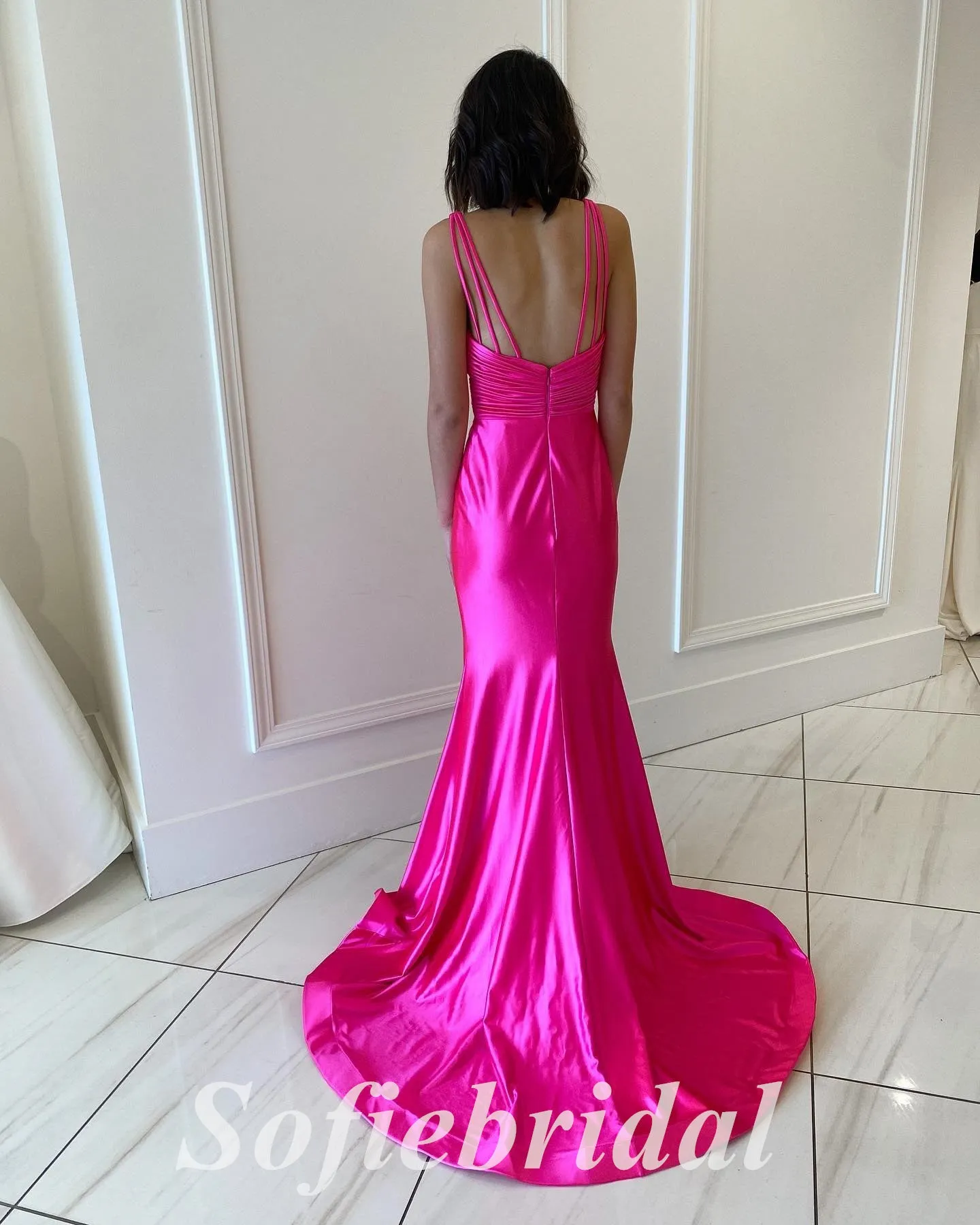 Sexy Elastic Satin Spaghetti Straps V-Neck Sleeveless Mermaid Long Prom Dresses, PD0872