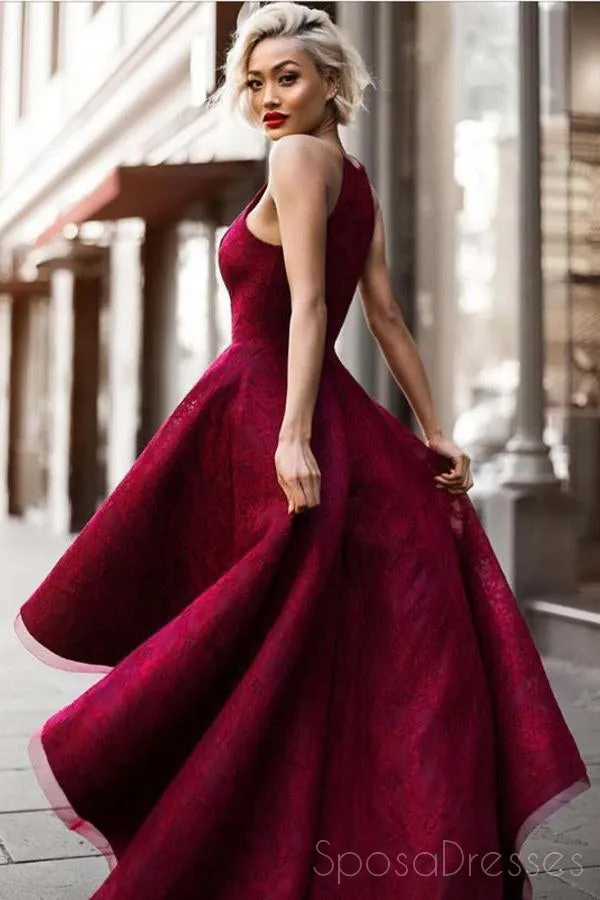 Sexy Fashion High Low Maroon Lace Halter Custom Cheap Evening Prom Dresses, 17386
