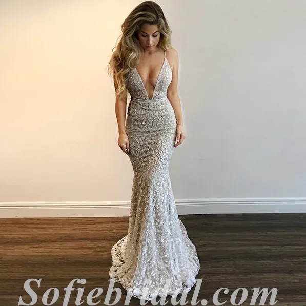 Sexy Lace And Tulle Spaghetti Straps Deep V-Neck Sleeveless Mermaid Long Prom Dresses,SFPD0504