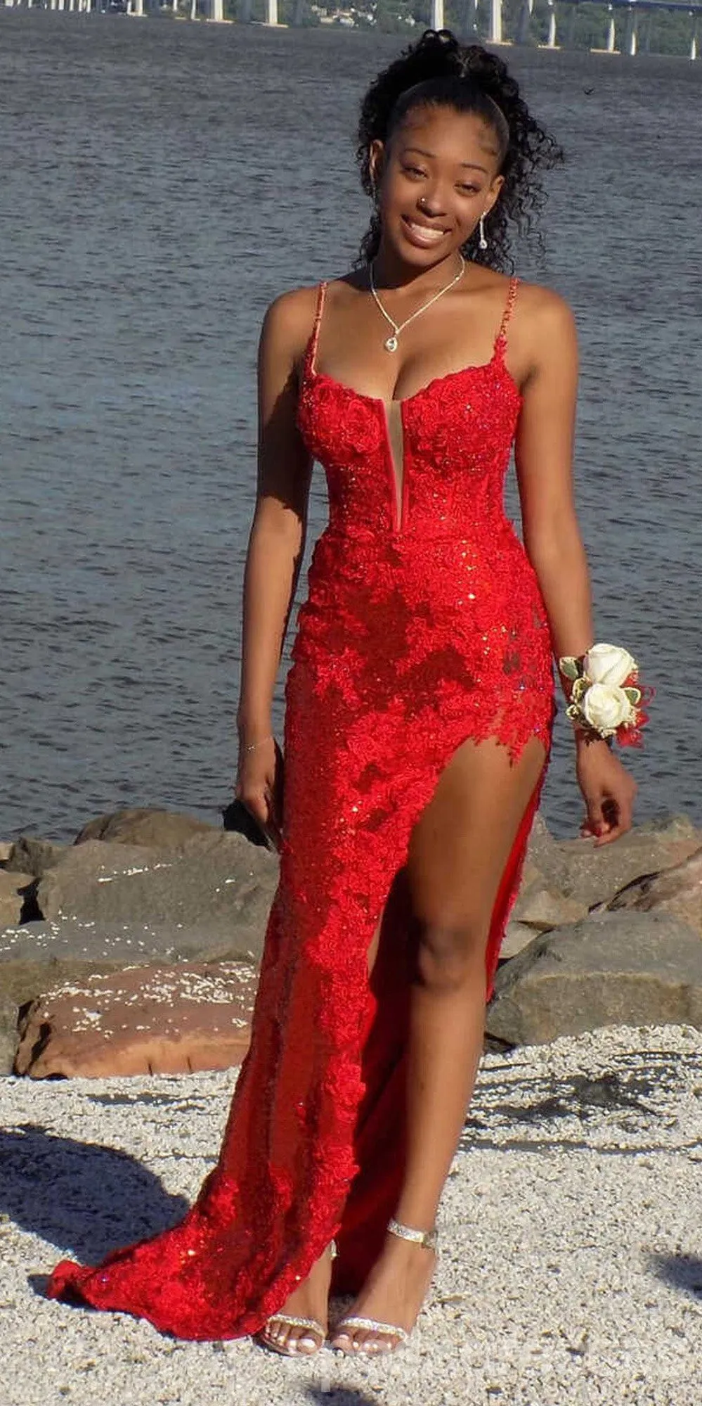 Sexy Red Mermaid Spaghetti Straps High Slit Long Party Prom Dresses,Evening Dress,13368