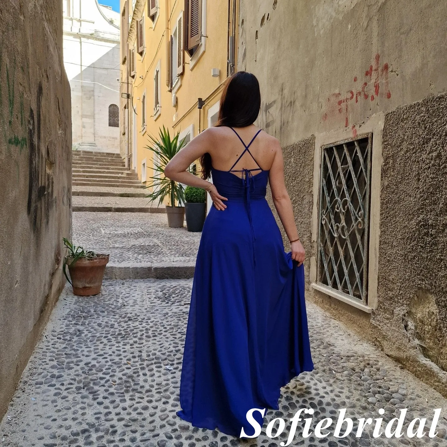 Sexy Royal-Blue Spaghetti Straps V-Neck Sleeveless Criss Cross Side Slit A-Line Long Prom Dresses, PD0926