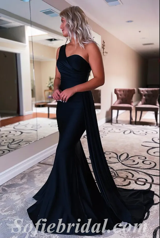 Sexy Satin One Shoulder Mermaid Long Prom Dresses With Trailing,SFPD0475