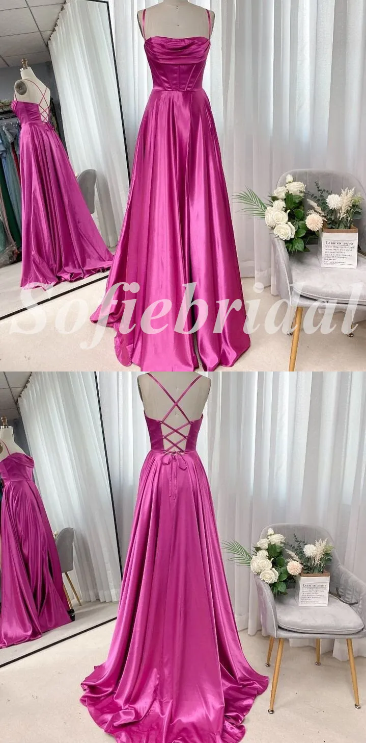 Sexy Satin Spaghetti Straps Criss Cross Lace Up A-line Long Prom Dresses,SFPD0647