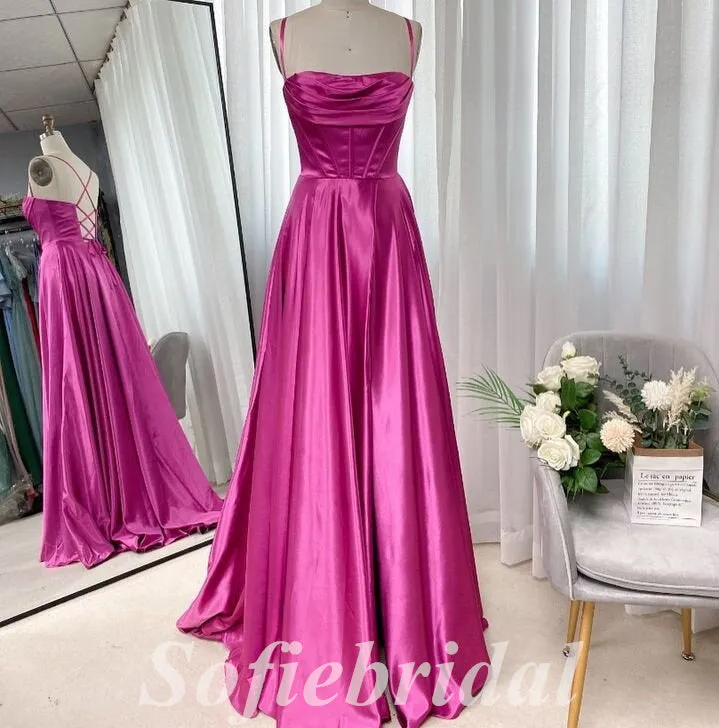 Sexy Satin Spaghetti Straps Criss Cross Lace Up A-line Long Prom Dresses,SFPD0647