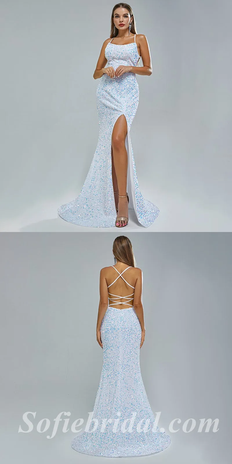 Sexy Sequin Scoop Sleeveless Criss Cross Side Slit Mermaid Long Prom Dresses,SFPD0338