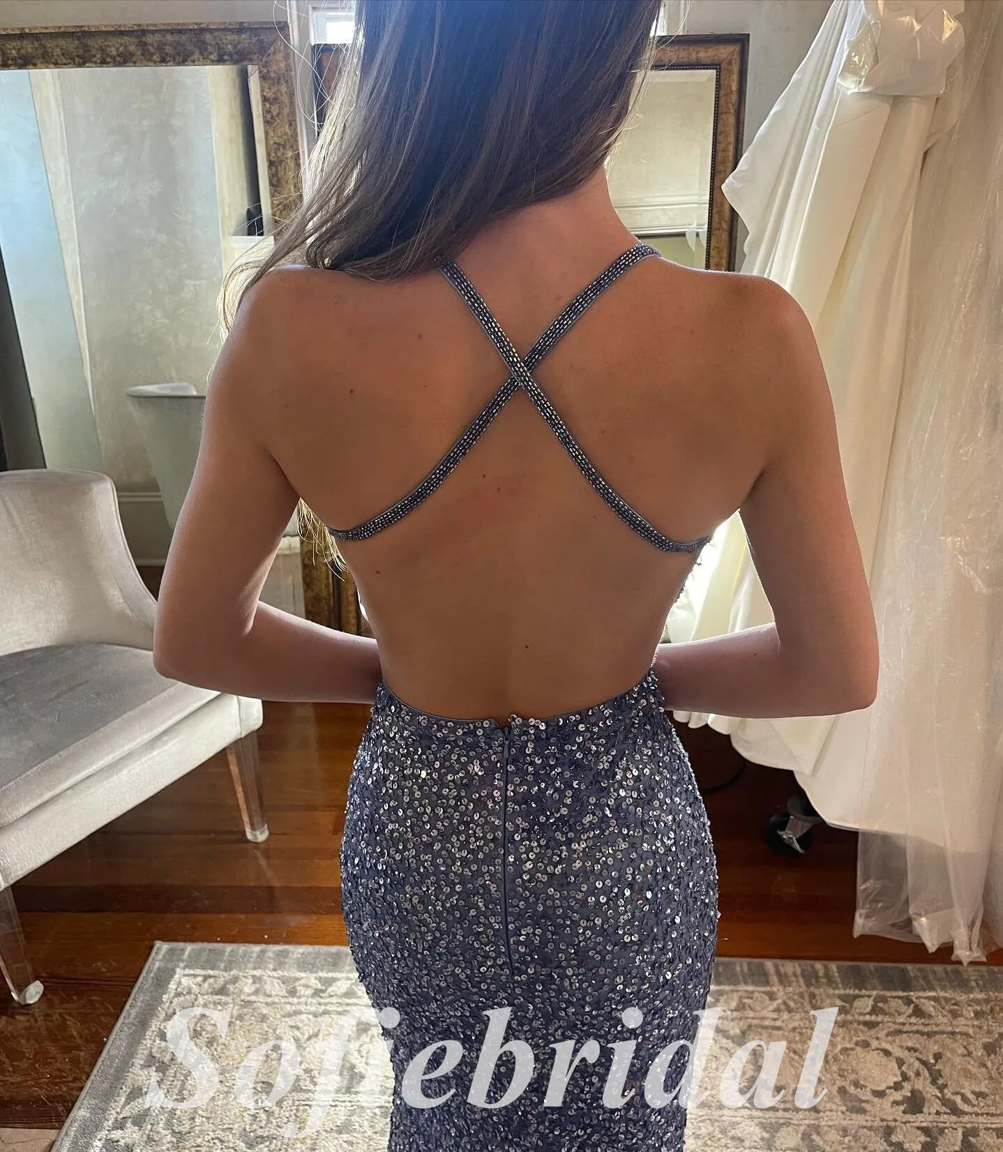 Sexy Sequin Spaghetti Straps V-Neck Sleeveless Criss Cross Side Slit Mermaid Long Prom Dresses, PD0854