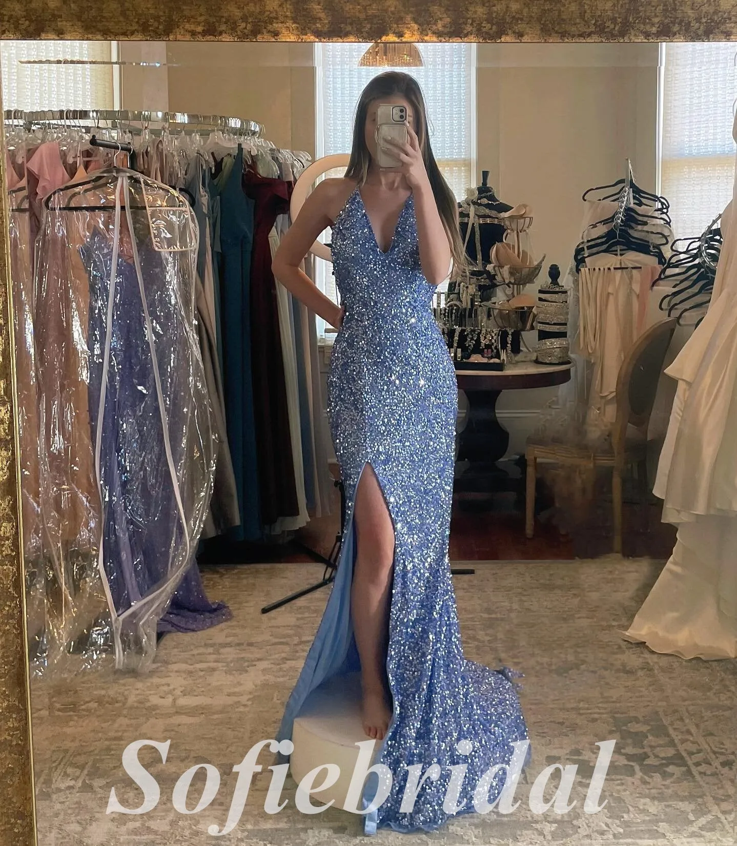 Sexy Sequin Spaghetti Straps V-Neck Sleeveless Criss Cross Side Slit Mermaid Long Prom Dresses, PD0854