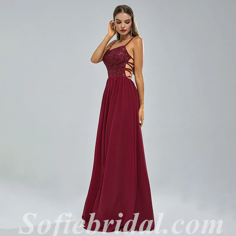 Sexy Sequin Top Chiffon Bottom Spaghetti Straps Criss Cross A-Line Long Prom Dresses,SFPD0339