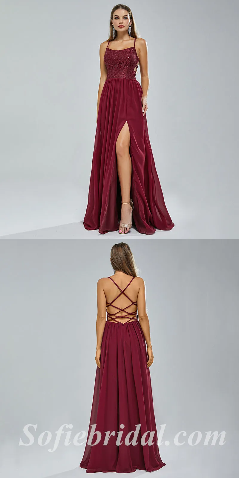 Sexy Sequin Top Chiffon Bottom Spaghetti Straps Criss Cross A-Line Long Prom Dresses,SFPD0339