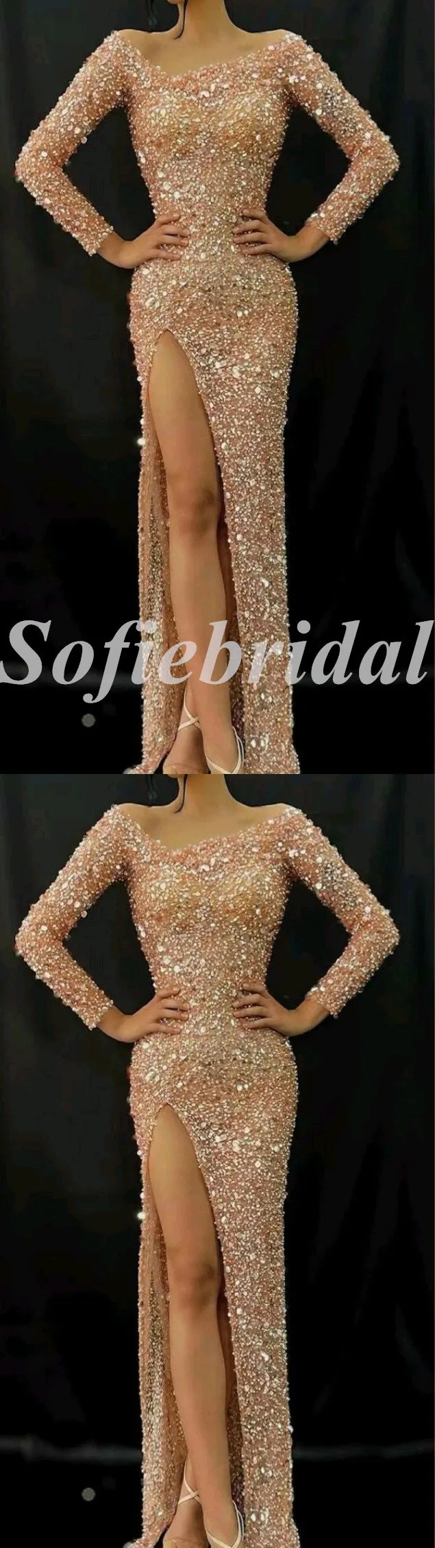 Sexy Sequin V-Neck Long Sleeve Side Slit Mermaid Long Prom Dresses,SFPD0733