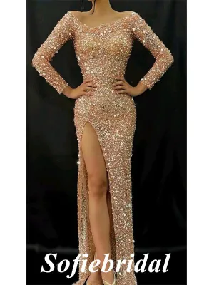 Sexy Sequin V-Neck Long Sleeve Side Slit Mermaid Long Prom Dresses,SFPD0733