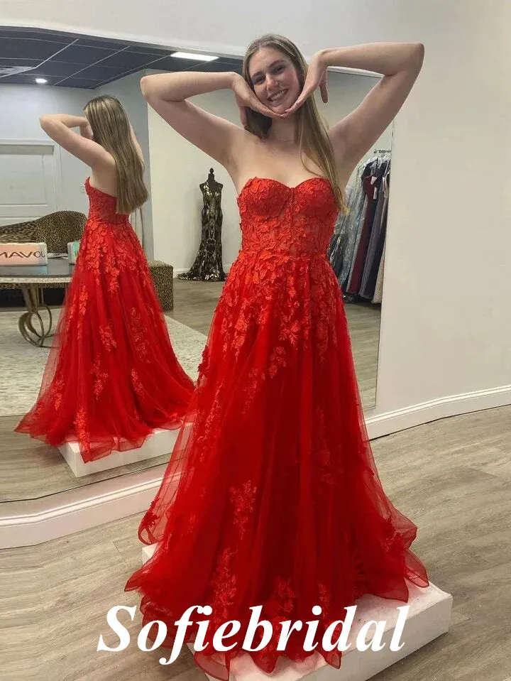 Sexy Sexy Tulle And Lace Sweetheart Sleeveless A-Line Long Prom Dresses,SFPD0736