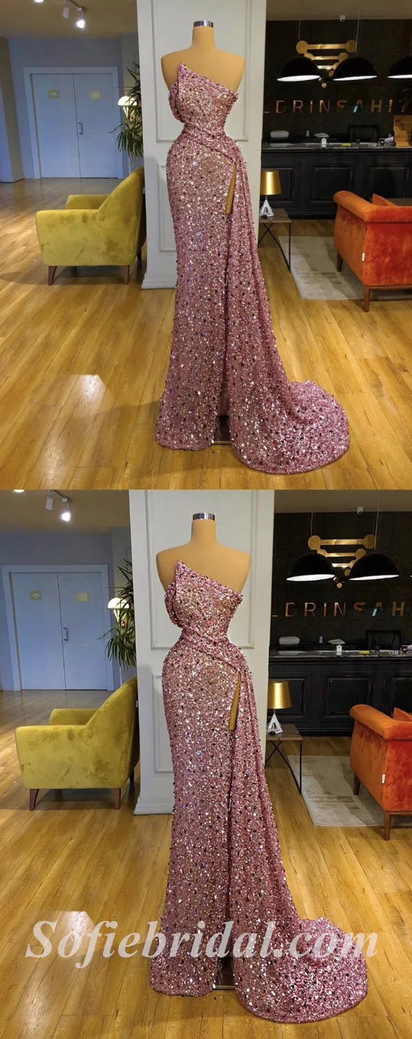 Sexy Shiny Sequin Sweetheart Sleeveless Side Slit Mermaid Long Prom Dresses,SFPD0396
