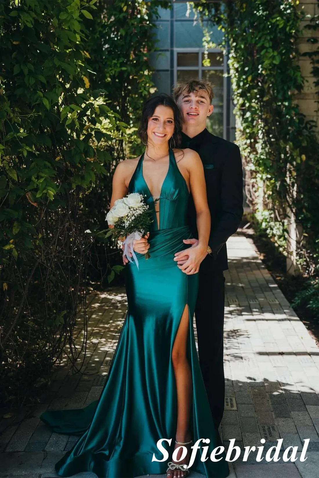 Sexy Soft Satin Halter Sleeveless Side Slit Mermaid Maxi Prom Dress, PD01129