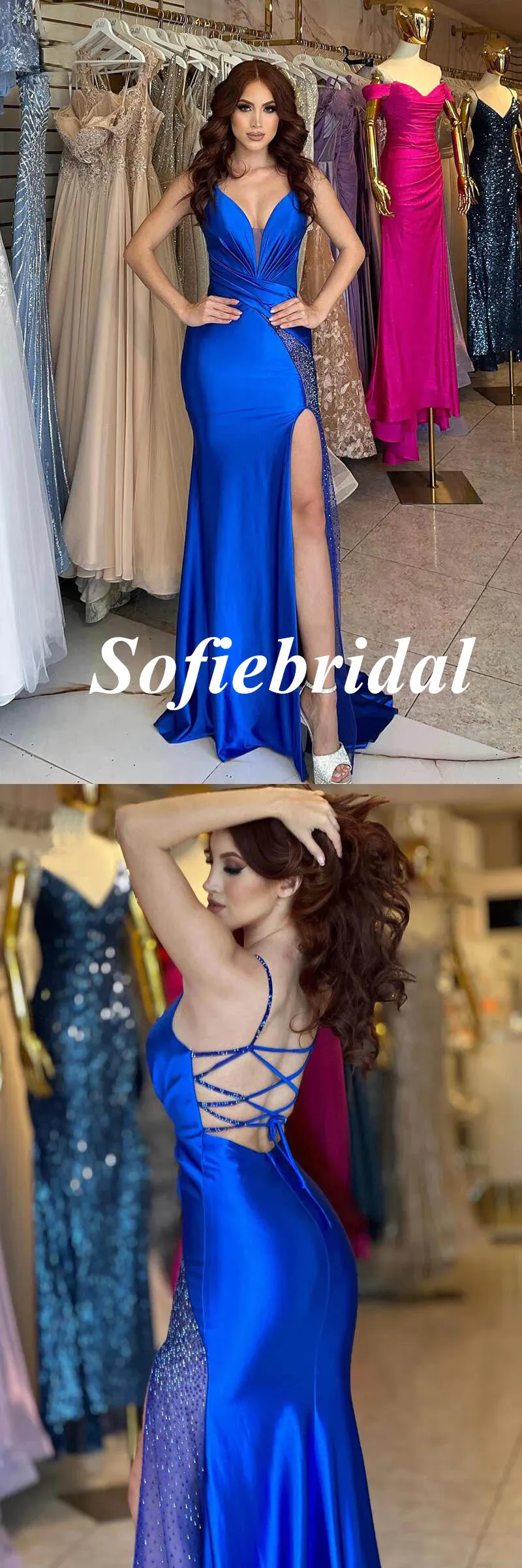 Sexy Soft Satin Spaghetti Straps V-Neck Side Slit Mermaid Long Prom Dresses, PD0964