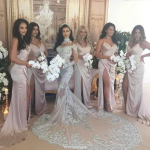 Sexy Spaghetti Straps Deep V-neck High split Long Bridesmaid Dresses, BD0462