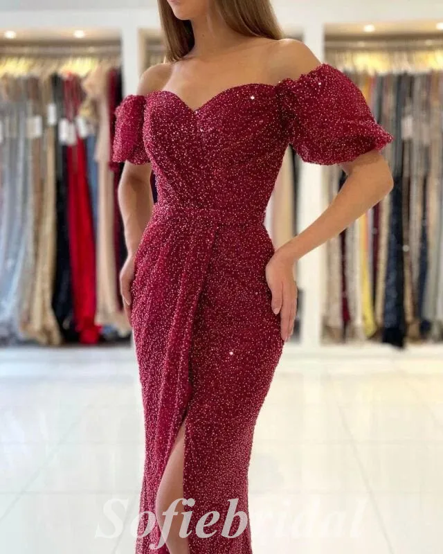 Sexy Special Tulle Off Shoulder V-Neck Sleeveless Side Slit Mermaid Long Prom Dresses,PD0751