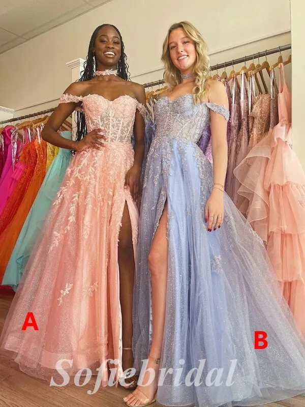 Sexy Tulle And Lace Off Shoulder Sleeveless Side Slit A-Line Long Prom Dresses,SFPD0627