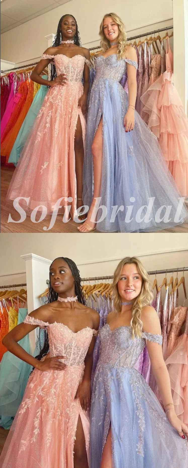 Sexy Tulle And Lace Off Shoulder Sleeveless Side Slit A-Line Long Prom Dresses,SFPD0627