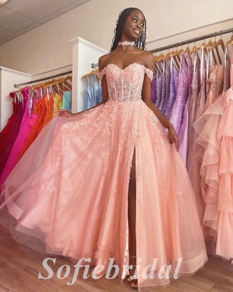 Sexy Tulle And Lace Off Shoulder Sleeveless Side Slit A-Line Long Prom Dresses,SFPD0627