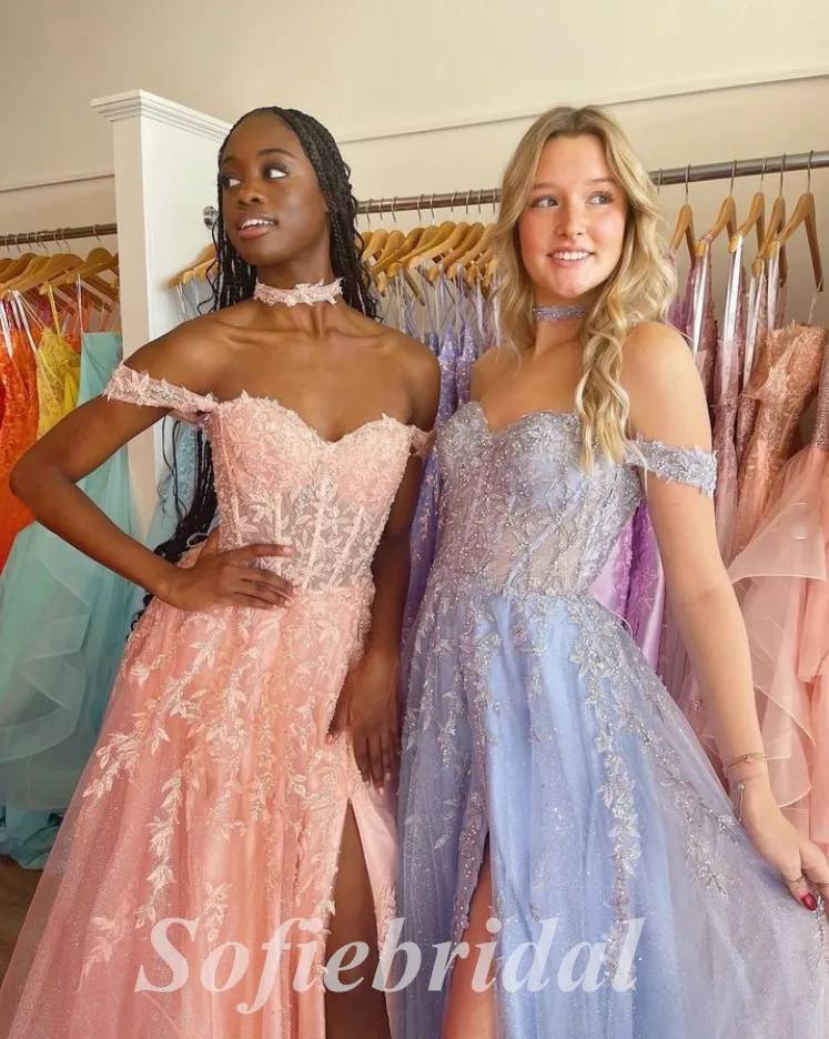 Sexy Tulle And Lace Off Shoulder Sleeveless Side Slit A-Line Long Prom Dresses,SFPD0627