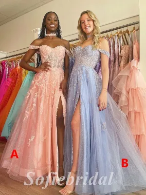 Sexy Tulle And Lace Off Shoulder Sleeveless Side Slit A-Line Long Prom Dresses,SFPD0627