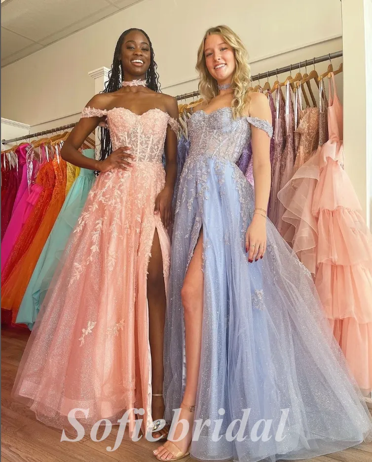 Sexy Tulle And Lace Off Shoulder Sleeveless Side Slit A-Line Long Prom Dresses,SFPD0627