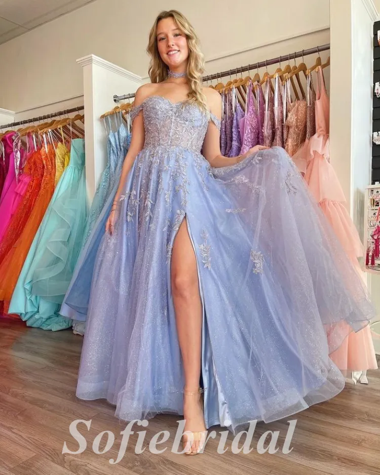 Sexy Tulle And Lace Off Shoulder Sleeveless Side Slit A-Line Long Prom Dresses,SFPD0627
