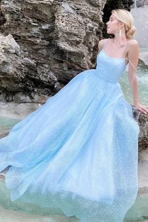 Shiny Sky Blue Spaghetti Straps Prom Dress Criss Cross Back A-line Formal Evening Dress OKX10