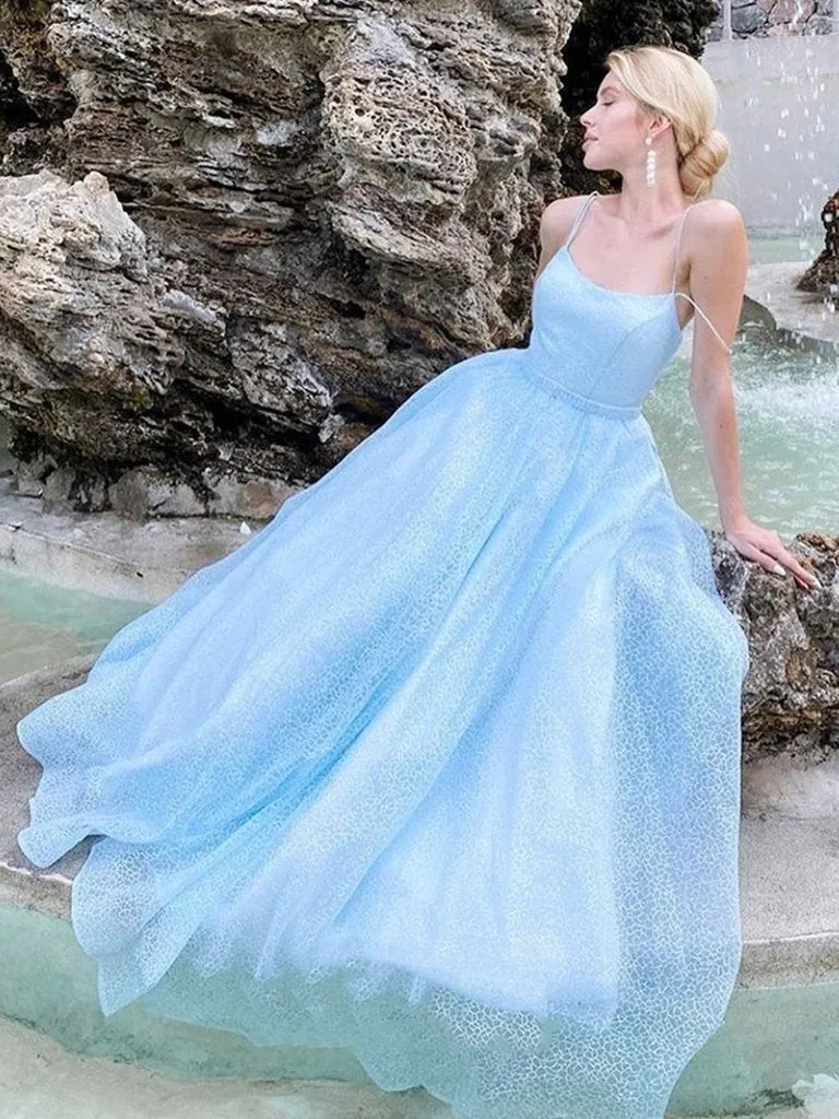 Shiny Sky Blue Spaghetti Straps Prom Dress Criss Cross Back A-line Formal Evening Dress OKX10