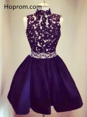 Short Black High-neck Homecoming Dresses with Beadings